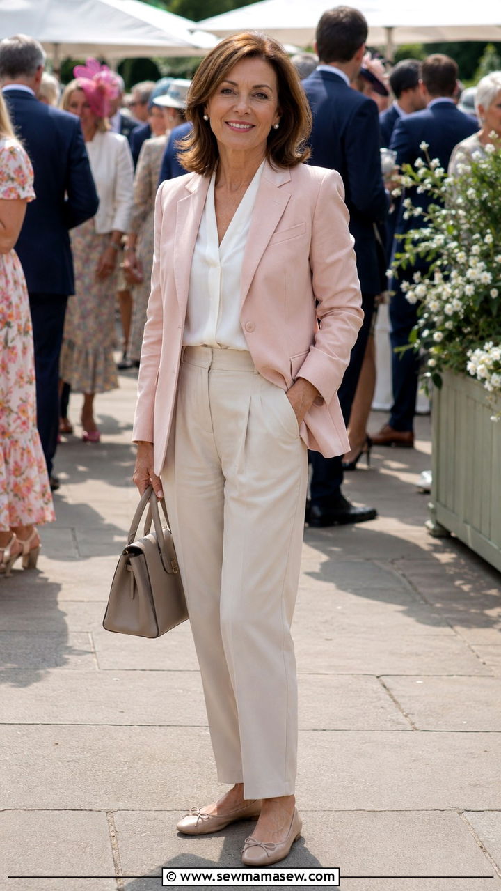 Blush Pink Blazer with Beige Trousers - 30 Quiet luxury outfits for women over 50