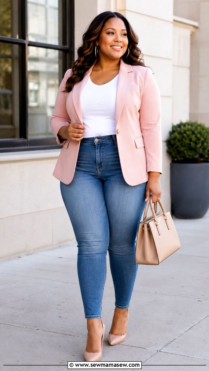 Blush Pink Blazer with Classic Denim and Nude Heels - 30 plus size brunch outfit ideas
