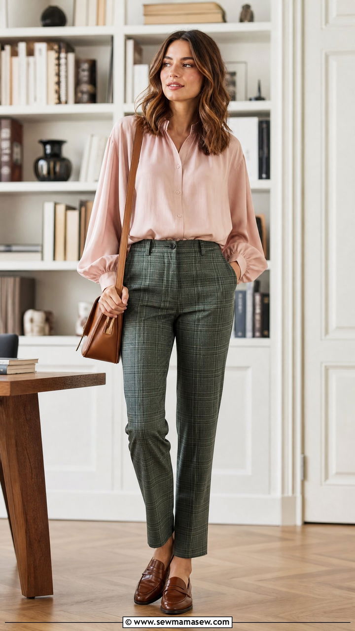 Blush Pink Blouse and Green Plaid Trousers - 25 Green and pink outfit ideas