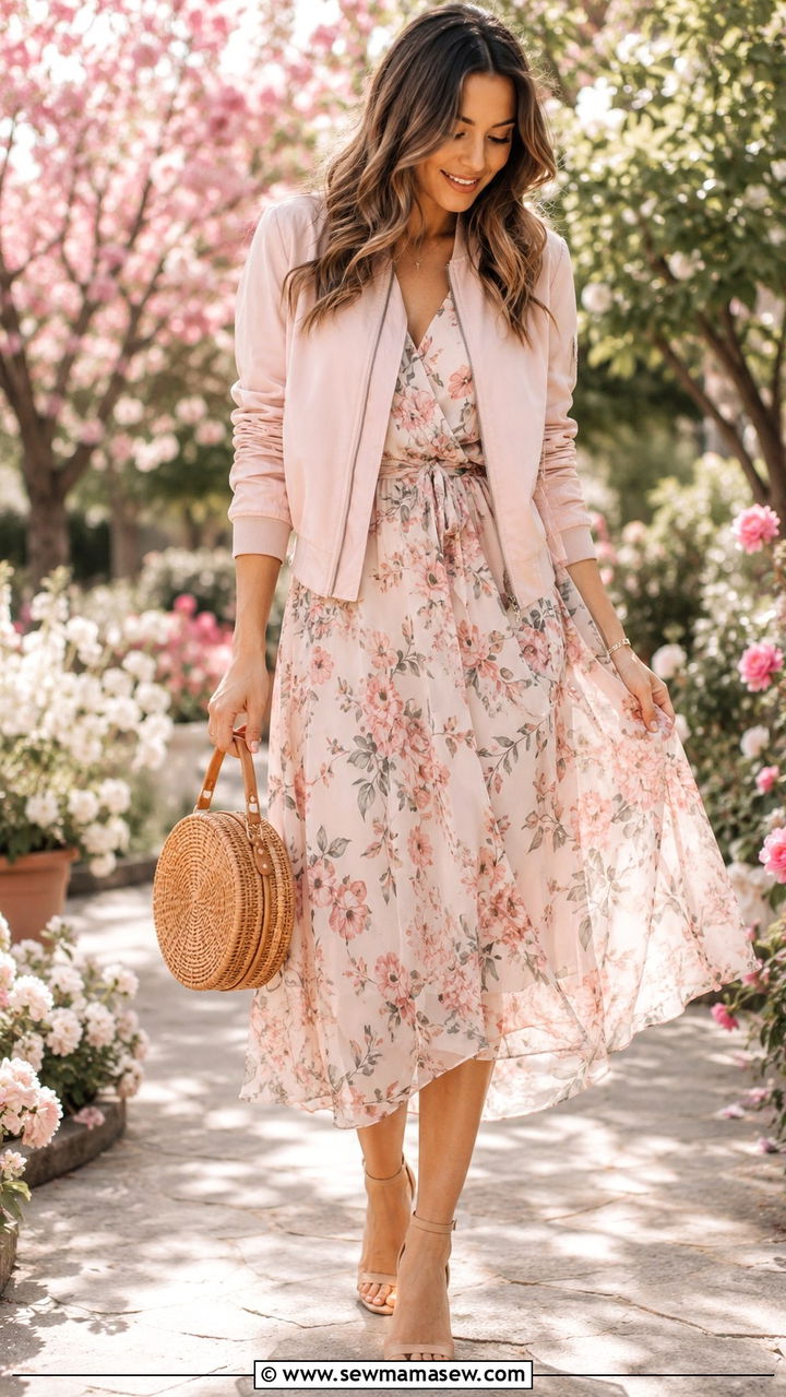 Blush Pink Bomber Jacket With Floral Dress - 30 spring bomber jacket outfit ideas