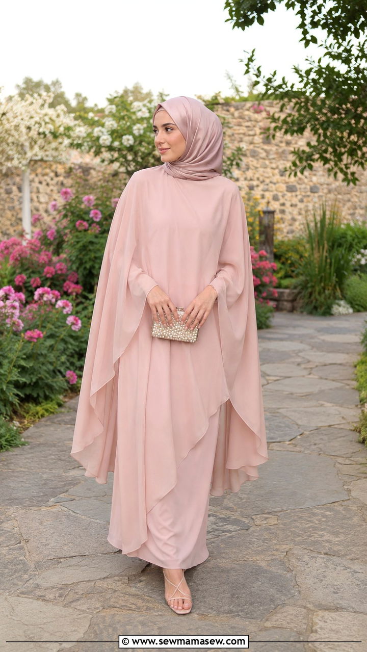 Blush Pink Cape Dress With Hijab - 30 Modest wedding guest outfit ideas with hijab