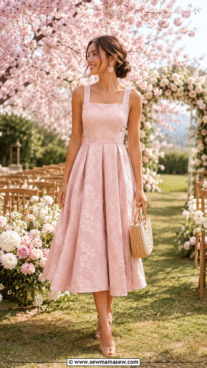 Blush Pink Floral Jacquard Dress Spring Wedding Guest - 25 Wedding guest outfit ideas jacquard dress