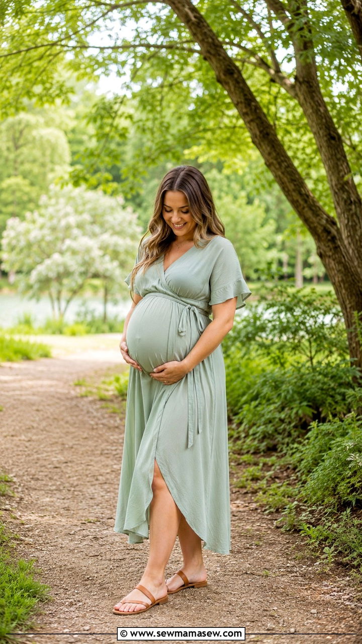 Blush Pink Flowy Gown With Barefoot Pose - 30 Spring maternity photo outfits