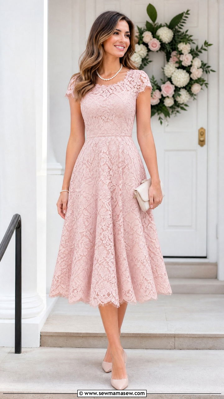Blush Pink Lace Midi Dress With Pearl Accents - 25 Wedding guest outfit ideas size 12