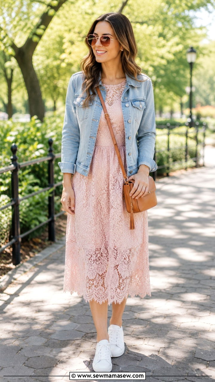 Blush Pink Lace Midi Dress With White Sneakers - 30 romantic outfits to copy