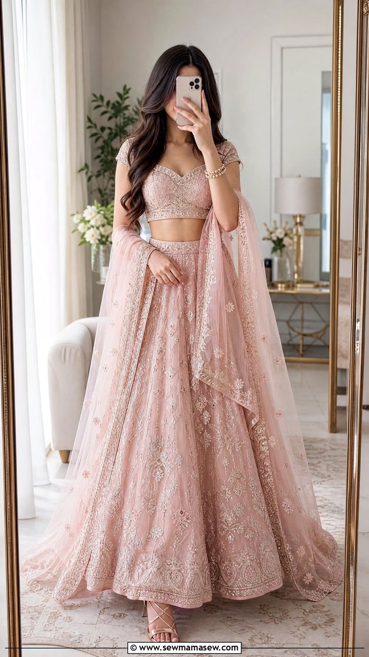 Blush Pink Lehenga with Cropped Blouse - 30 Eid outfit ideas for teens