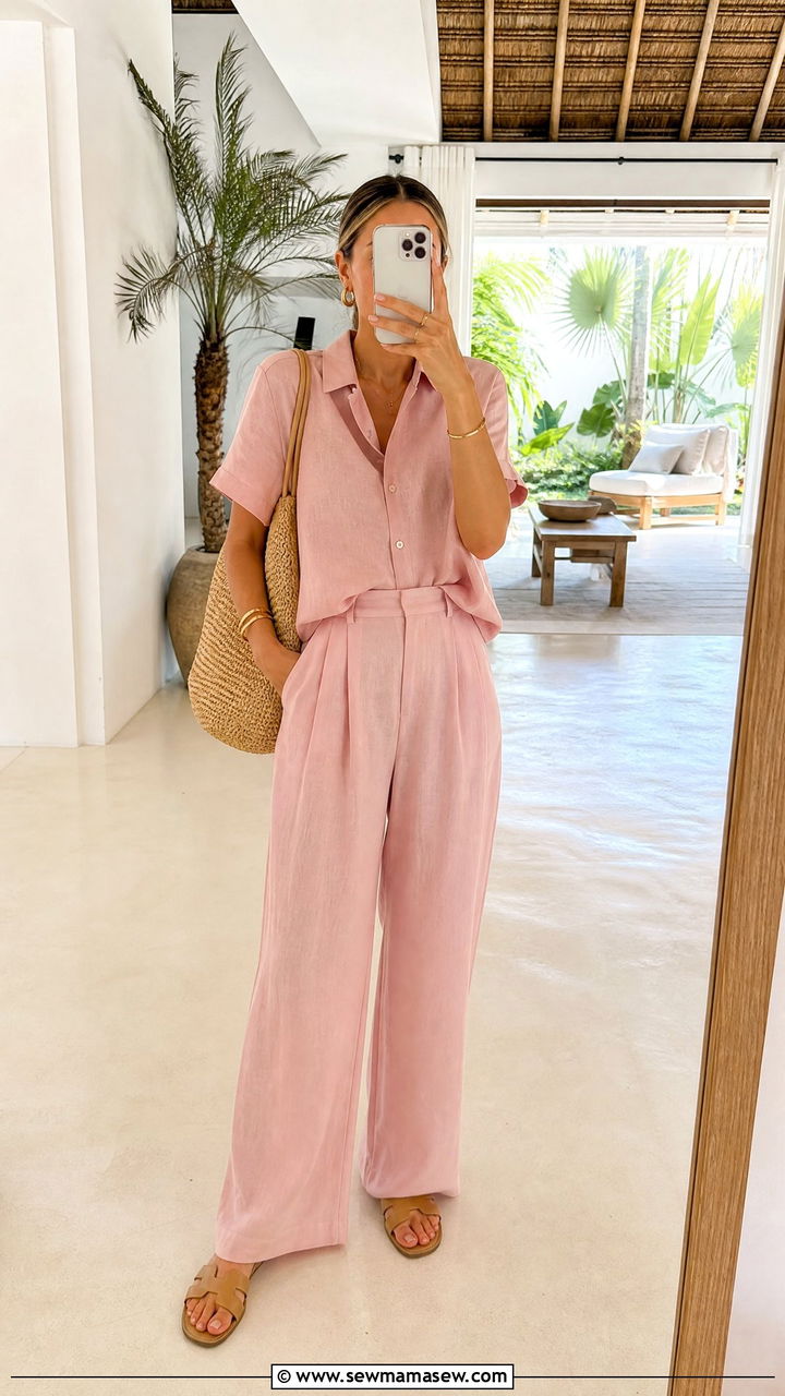 Blush Pink Linen Co Ord Set With Straw Bag - 30 Summer outfits in pink