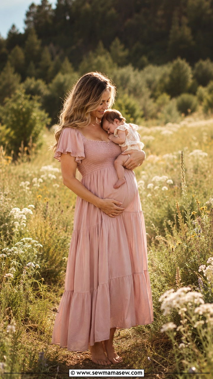 Blush Pink Maxi Dress for Motherhood Portraits - 20 Postpartum outfit ideas for photos