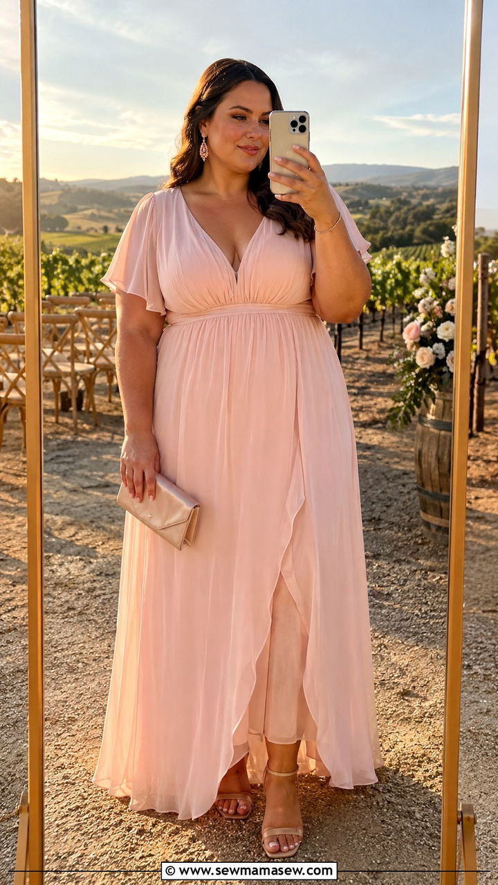 Blush Pink Maxi Dress with Empire Waist and Nude Heels - 30 Plus size wedding guest outfits spring