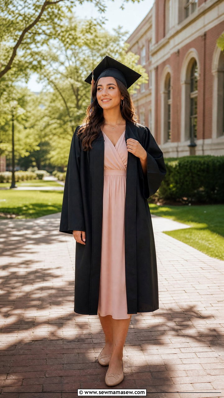 Blush Pink Midi Dress with Rose Gold Jewelry - 30 Graduation cap and gown outfit ideas