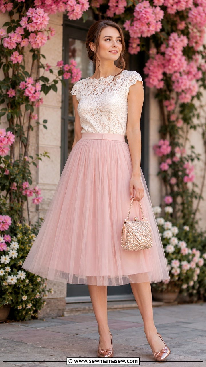 Blush Pink Midi Skirt and Lace Top - 30 modest summer wedding guest outfit ideas