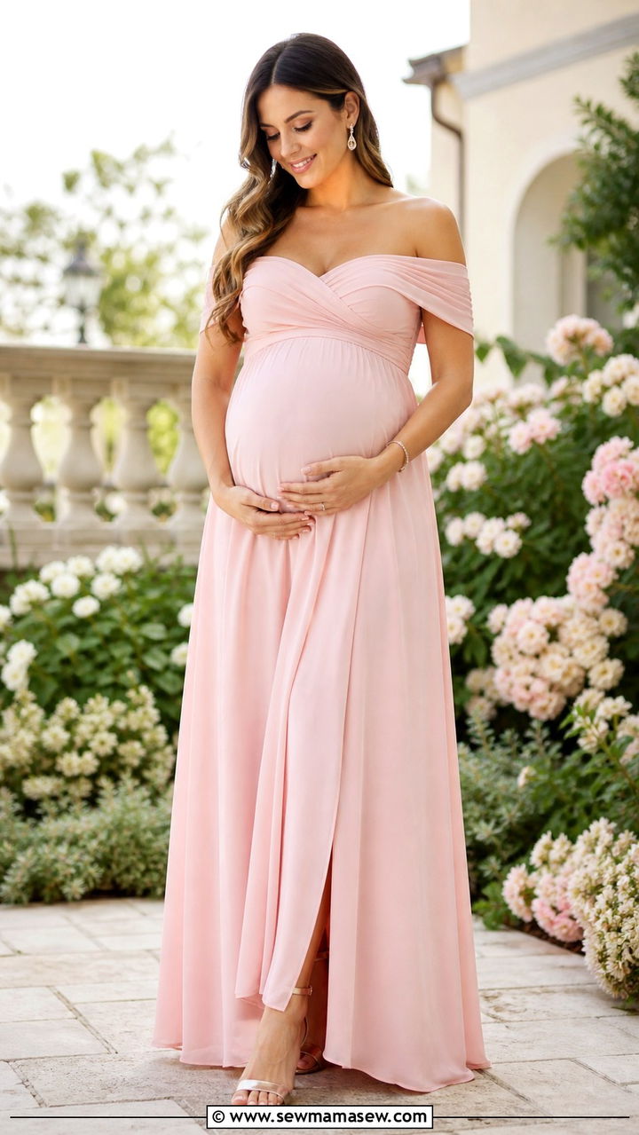 Blush Pink Off Shoulder Maxi Dress for the Mom to Be - 40 Spring baby shower outfits