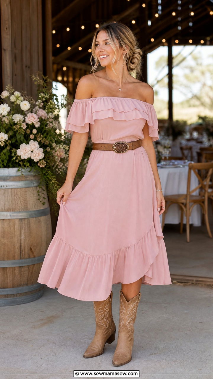 Blush Pink Off Shoulder Midi Dress With Cowboy Boots Wedding Guest - 40 summer western outfits