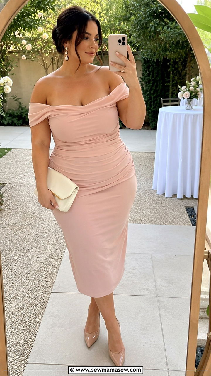 Blush Pink Off Shoulder Midi Dress with Pearl Accessories - 30 Plus size wedding guest outfits spring