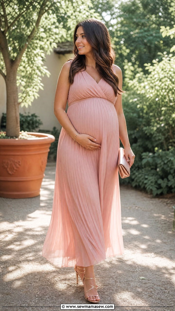 Blush Pink Pleated Maternity Maxi Dress - 35 Maternity wedding guest outfits