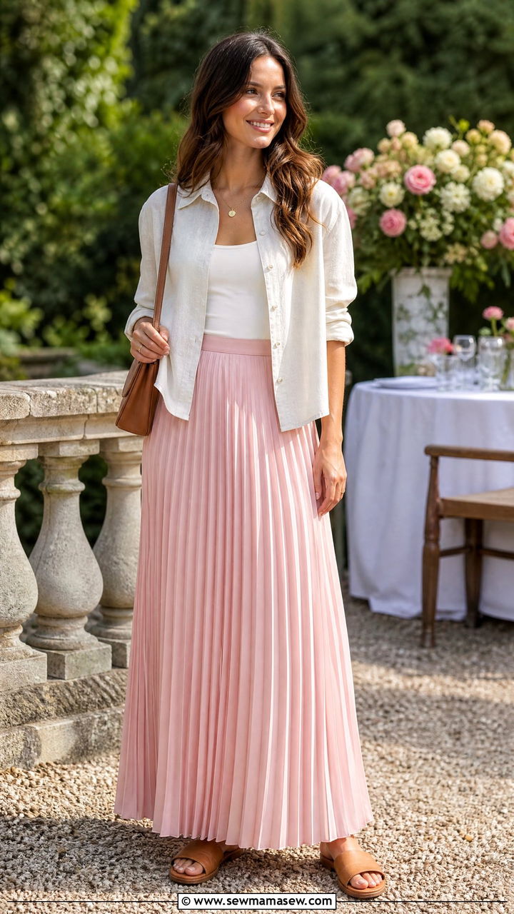 Blush Pink Pleated Maxi Skirt With Linen Button Up - 35 Light pink outfit ideas