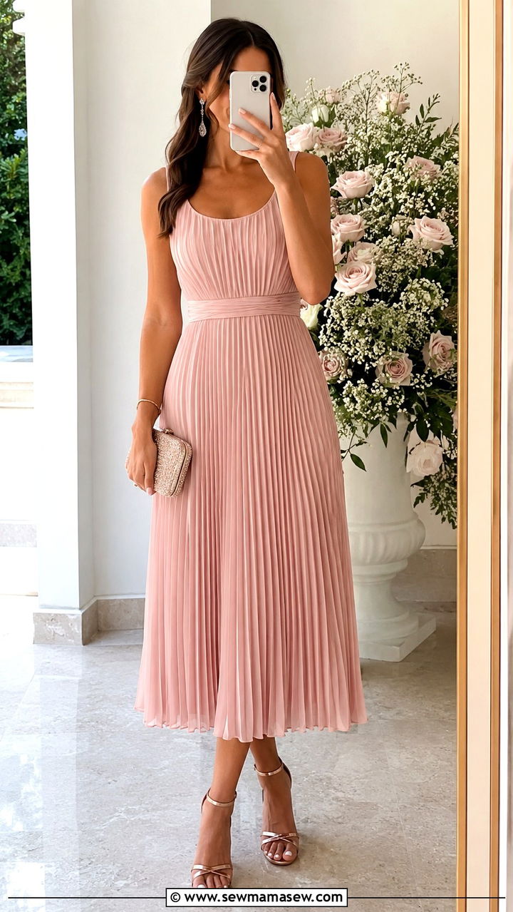 Blush Pink Pleated Midi Dress Wedding Guest Outfit - 25 Wedding guest outfit ideas pinterest