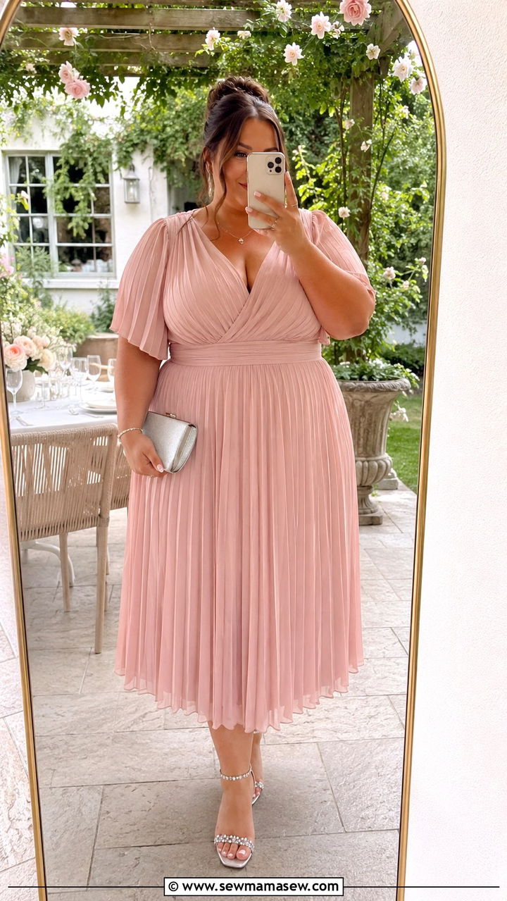 Blush Pink Pleated Midi Dress With Crystal Embellished Heels - 25 Wedding guest outfit ideas size 22