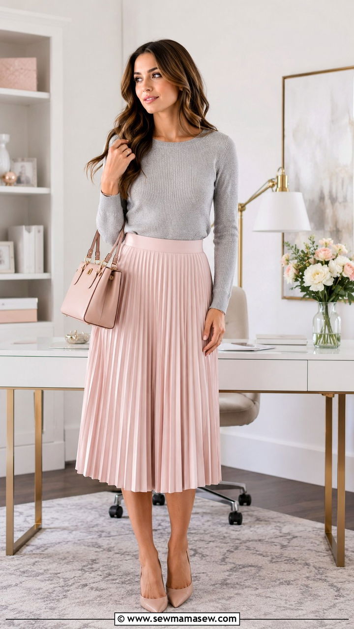 Blush Pink Pleated Skirt With Gray Knit Top - 30 Pleated skirt outfit ideas for work