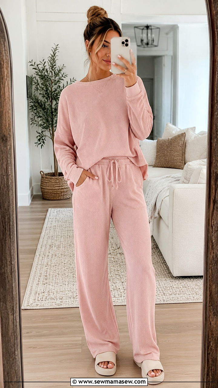 Blush Pink Ribbed Lounge Set With Sandals - 30 Ribbed matching set outfit ideas