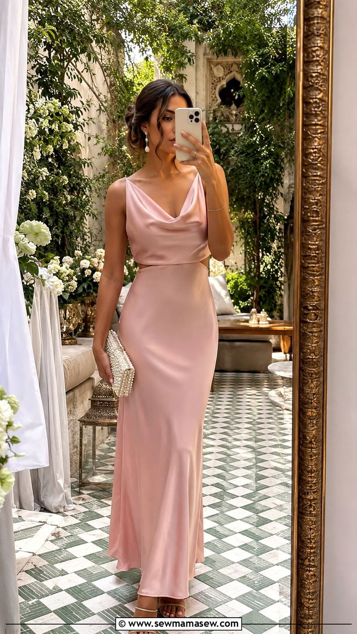 Blush Pink Satin Maxi Dress with Pearl Embellished Clutch - 25 Wedding guest outfit ideas Moroccan wedding