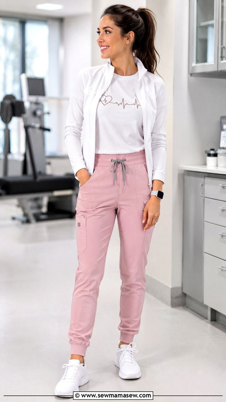 Blush Pink Scrub Joggers with Graphic Underscrub Tee - 30 Spring outfit ideas for nurse