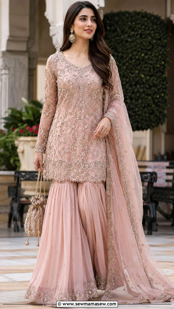 Blush Pink Sharara Set With Short Kameez - 25 Modest outfit ideas for Walima