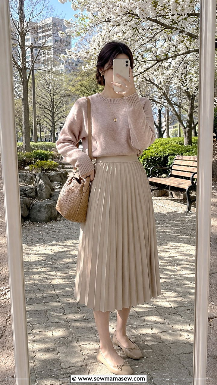 Blush Pink Sweater With Beige Pleated Midi Skirt - 30 light academia outfits inspo