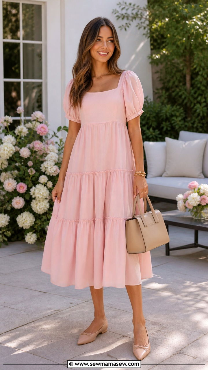 Blush Pink Tiered Midi Dress with Nude Flats - 40 Spring baby shower outfits