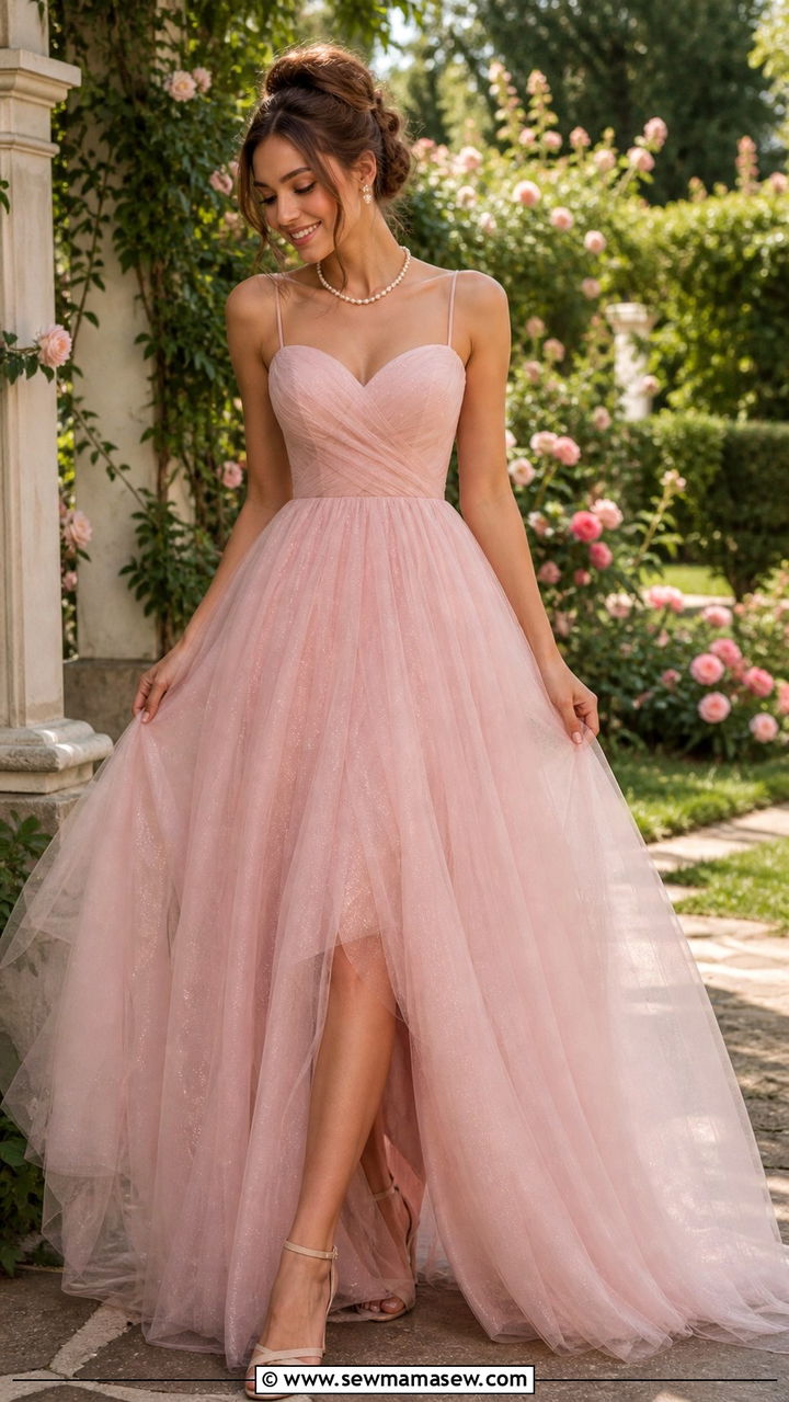Blush Pink Tulle A Line Prom Dress With Pearl Accessories - 40 Prom dress ideas
