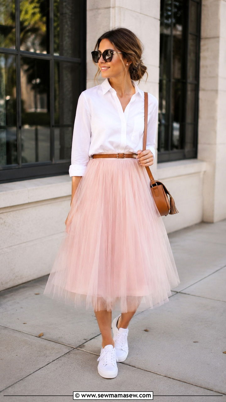 Blush Pink Tulle Skirt With White Button Down And Sneakers - 25 Tulle skirt outfit ideas with sneakers