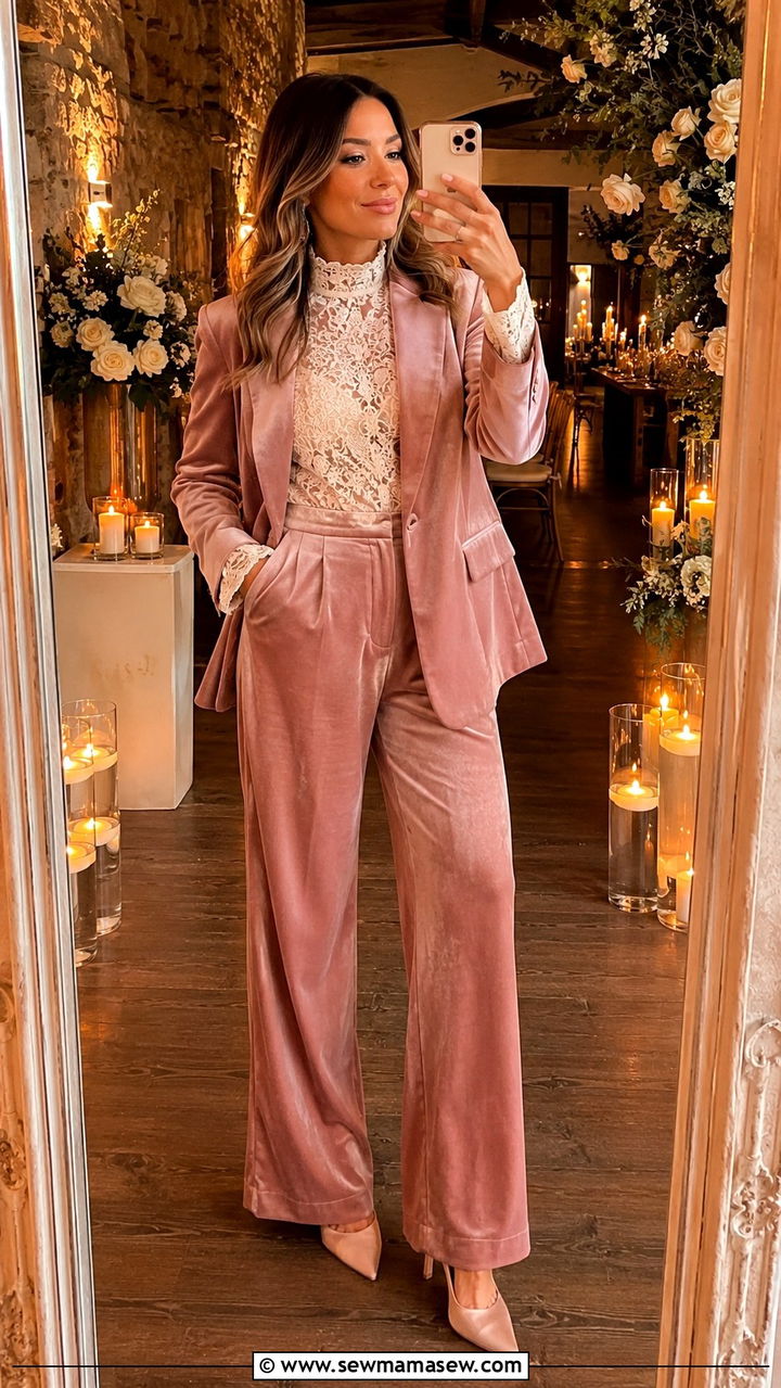 Blush Pink Velvet Pantsuit For Winter Romance - 25 Wedding guest pantsuit outfit ideas
