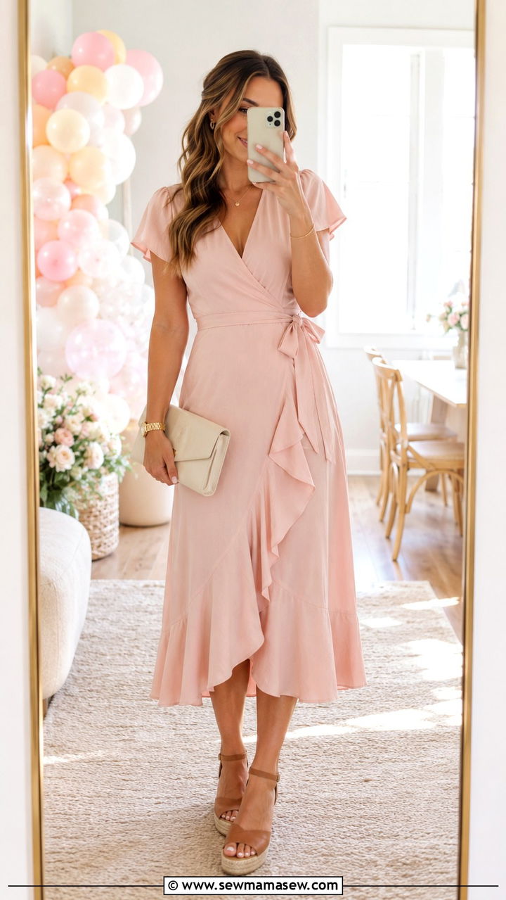 Blush Pink Wrap Dress Spring Baby Shower Outfit - 25 Baby shower outfit ideas spring