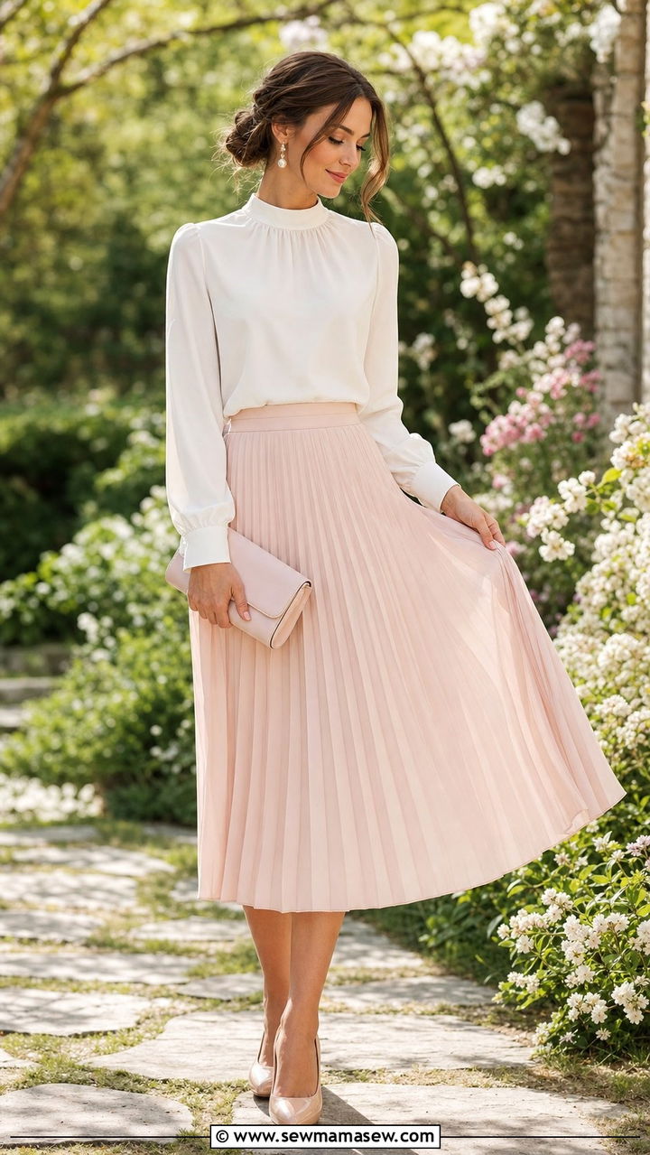 Blush Pleated Midi Skirt with Ivory High Neck Blouse and Heels - 25 cute modest classy outfits