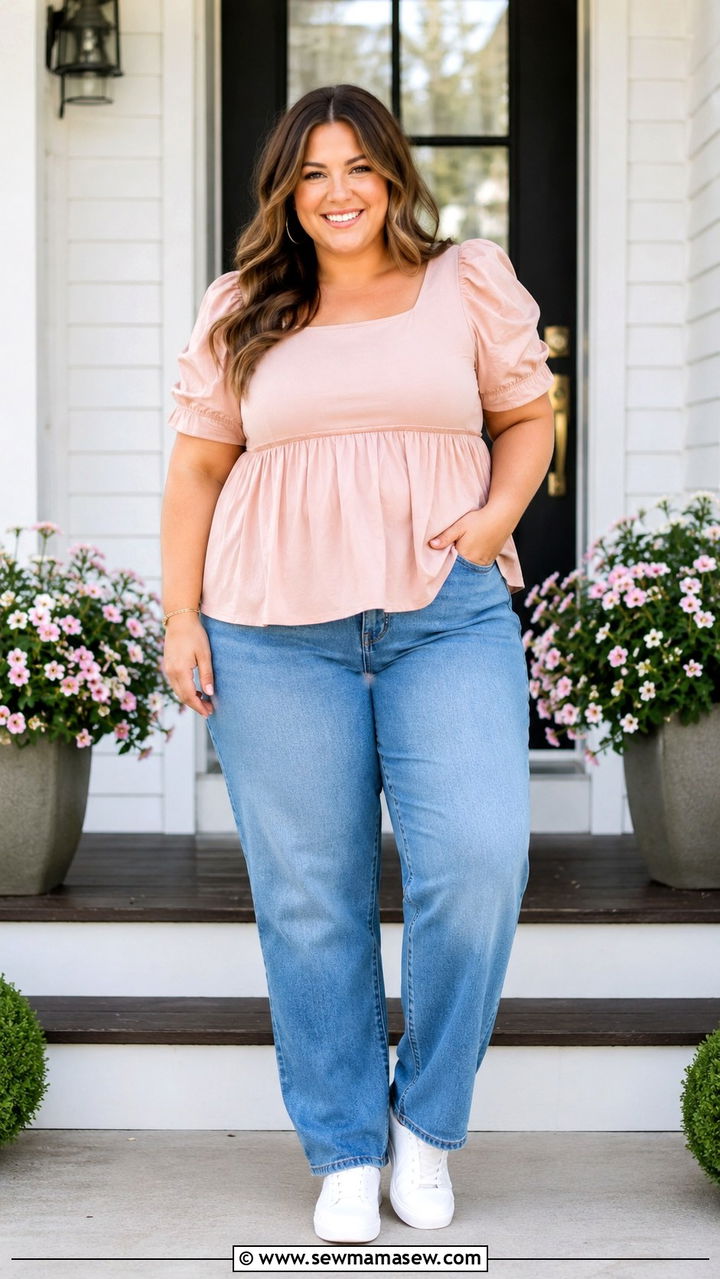 Blush Puff Sleeve Top With Blue Jeans - 30 Plus size outfit ideas for family photos