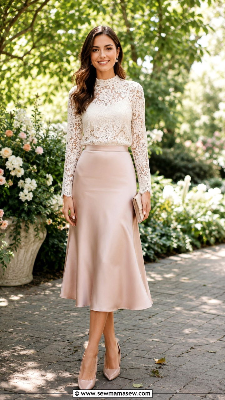 Blush Satin Midi Skirt With Lace Blouse and Pointed Toe Pumps - 30 Satin midi skirt outfit ideas