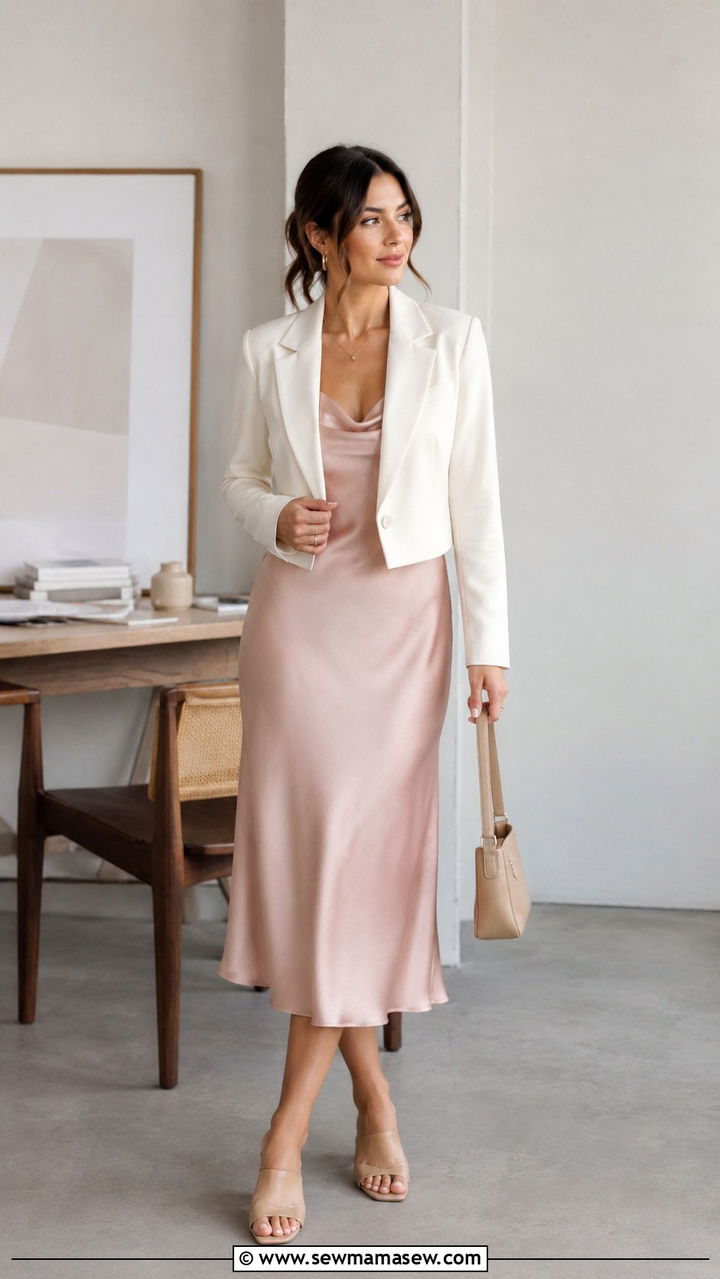 Blush Satin Midi Slip Dress With Cropped Blazer and Mules - 30 Midi dress for work outfit ideas