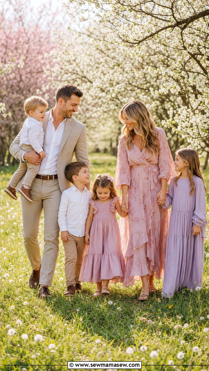 Blush Soft Lilac and Light Tan Spring Meadow Outfit - 25 Family photo outfits for large families