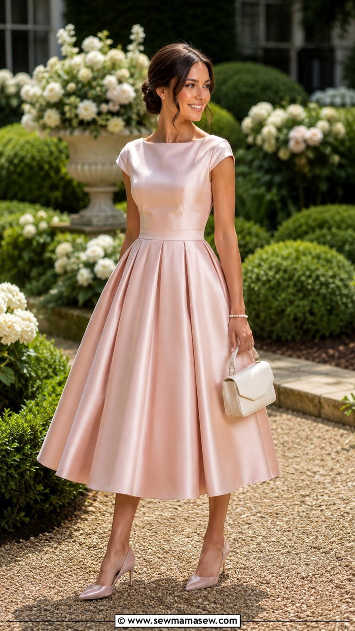 Blush Tea Length Dress Wedding Guest Outfit - 25 Blush wedding guest dress outfit ideas