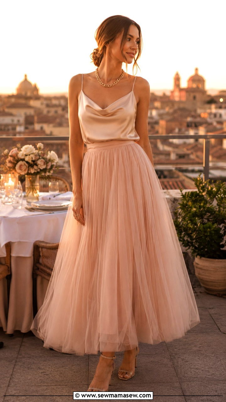 Blush Tulle Maxi Skirt With Silk Camisole And Delicate Sandals - 30 Tulle skirt outfit ideas for summer
