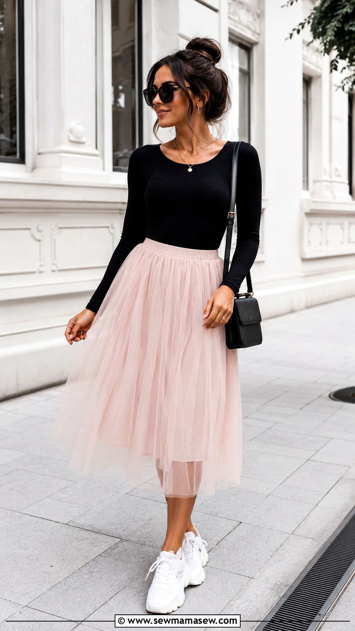 Blush Tulle Midi Skirt With Black Bodysuit And Dad Sneakers - 25 Tulle skirt outfit ideas with sneakers