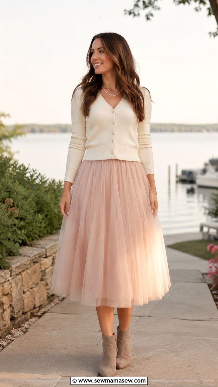 Blush Tulle Midi Skirt With Cream Cardigan - 25 Western outfit ideas Taylor Swift country era