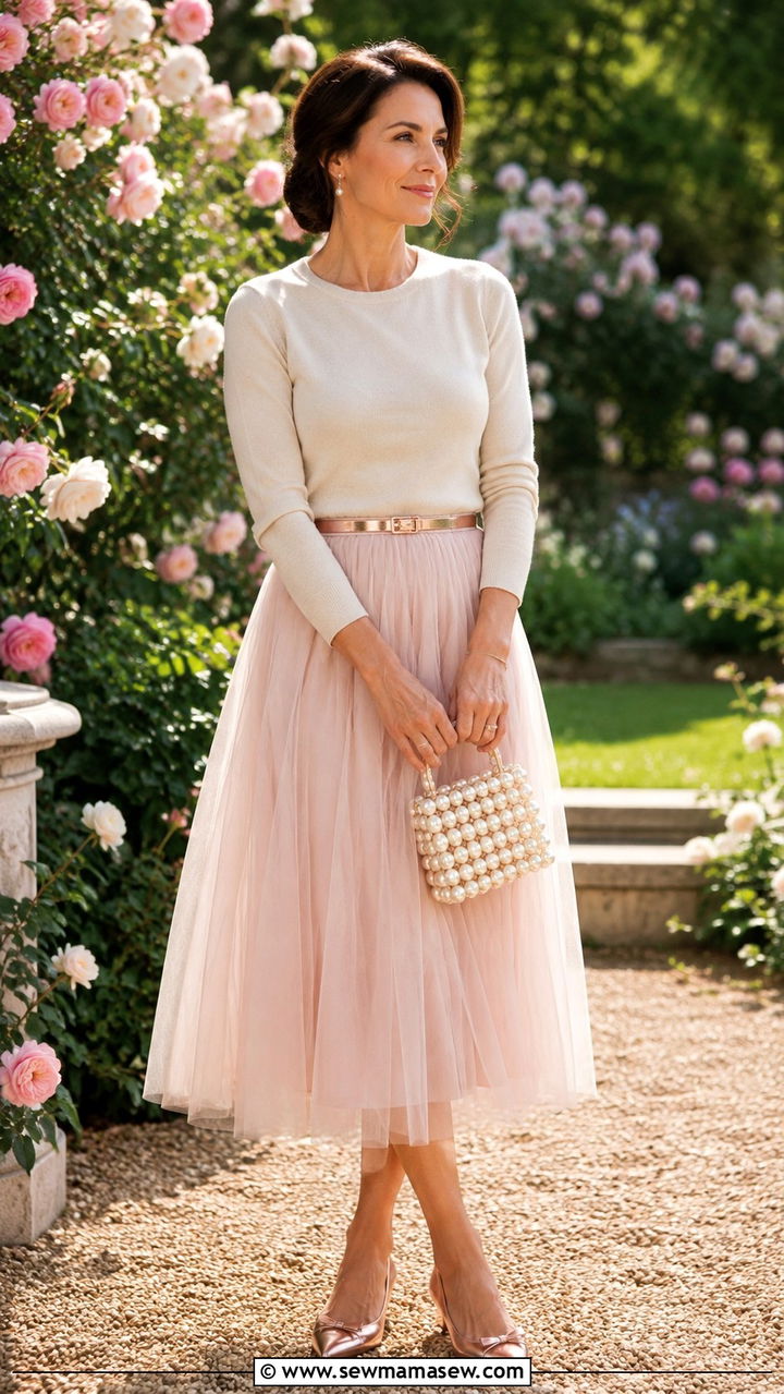 Blush Tulle Midi Skirt With Fitted Cashmere - 30 romantic outfit ideas for women over 40