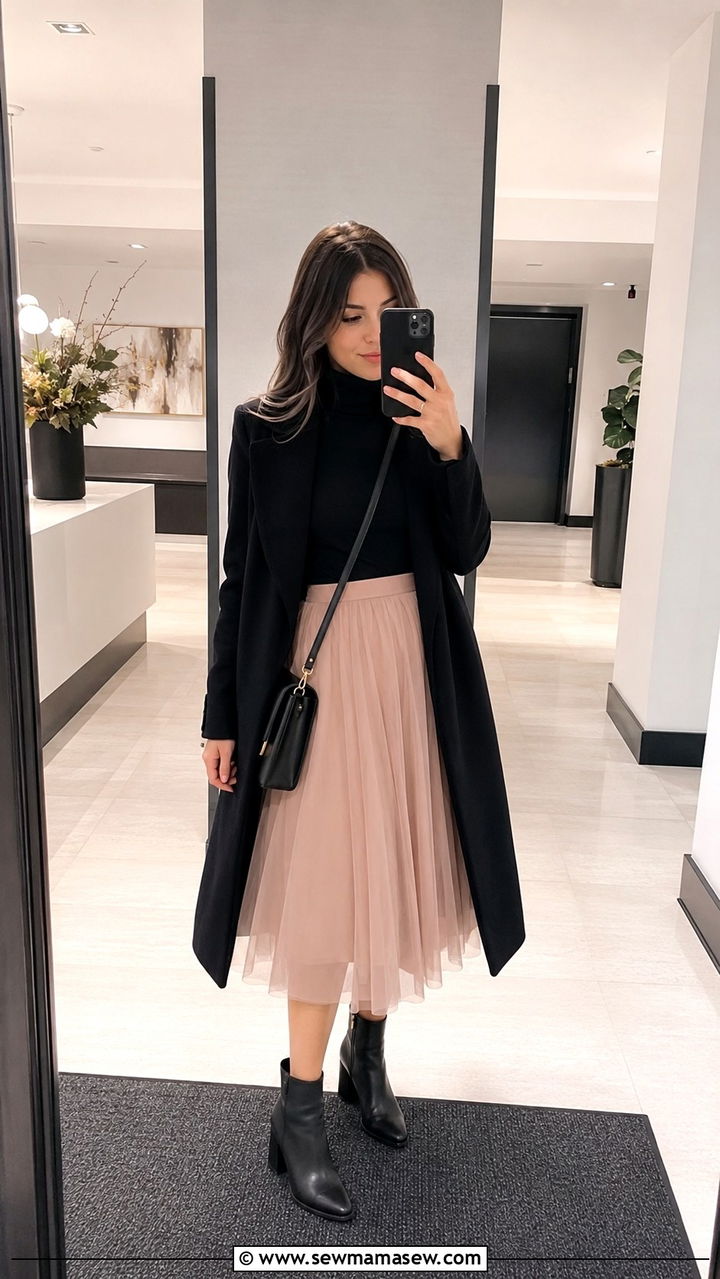 Blush Tulle Skirt With Black Turtleneck And Ankle Boots - 25 Tulle skirt outfit ideas for work