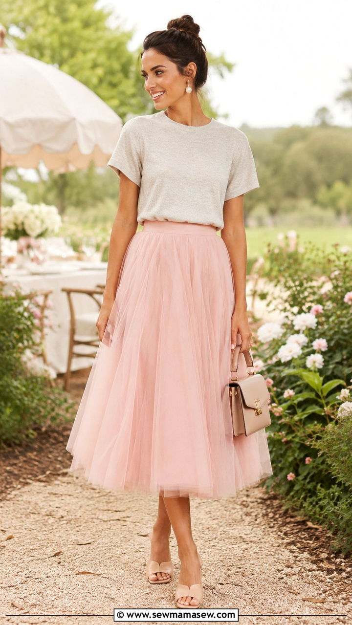 Blush Tulle Skirt With Neutral Tone Tee - 20 Tulle skirt outfit ideas with a tee