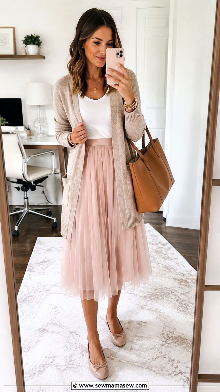Blush Tulle Skirt With White Tee And Long Cardigan - 25 Tulle skirt outfit ideas for work