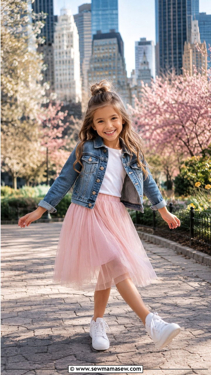 Blush Tulle Skirt with Denim Jacket Outfit - 30 Kids family photo outfits