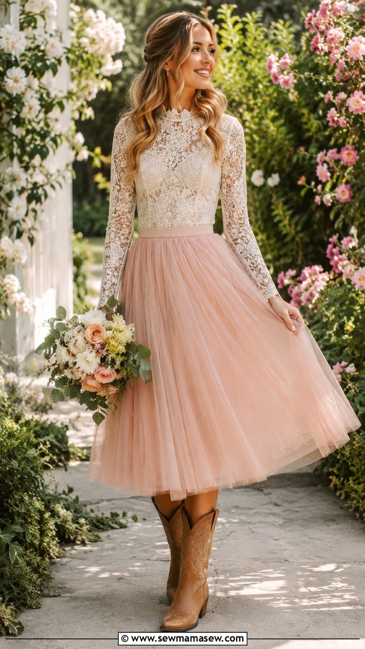 Blush Tulle Skirt with Lace Top and Cowboy Boots - 25 Tulle skirt outfit ideas with boots
