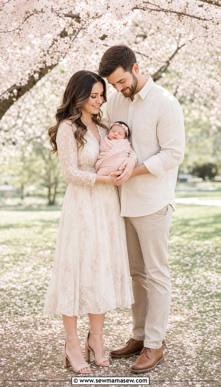 Blush and cream family outfit for newborn spring photos - 25 Family photo outfit ideas with newborn