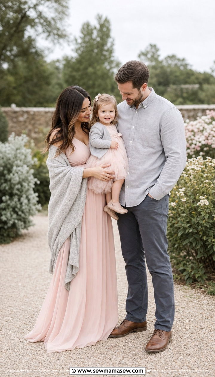 Blush and gray family photo outfit with toddler - 25 Family photo outfit ideas with toddlers